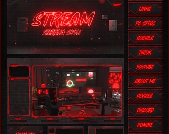 Overlays Stream Animated RED Neon style twitch Package