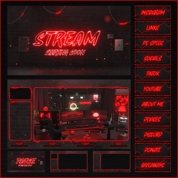 Overlays Stream Animated RED Neon style twitch Package