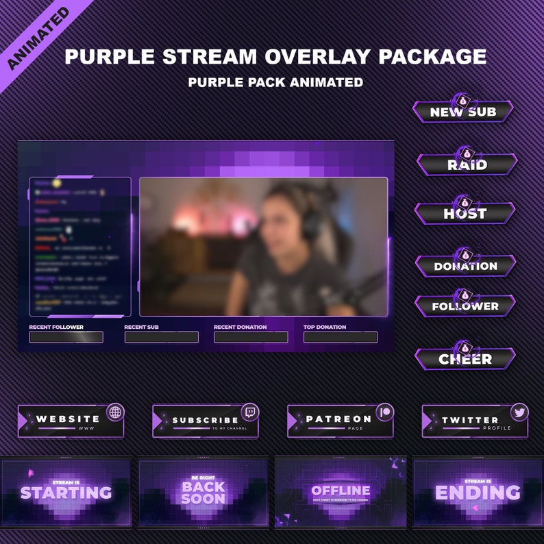 Animated PURPLE STREAM OVERLAY package Minimal Purple Twitch Theme Purple Stream Overlay Pack image 1