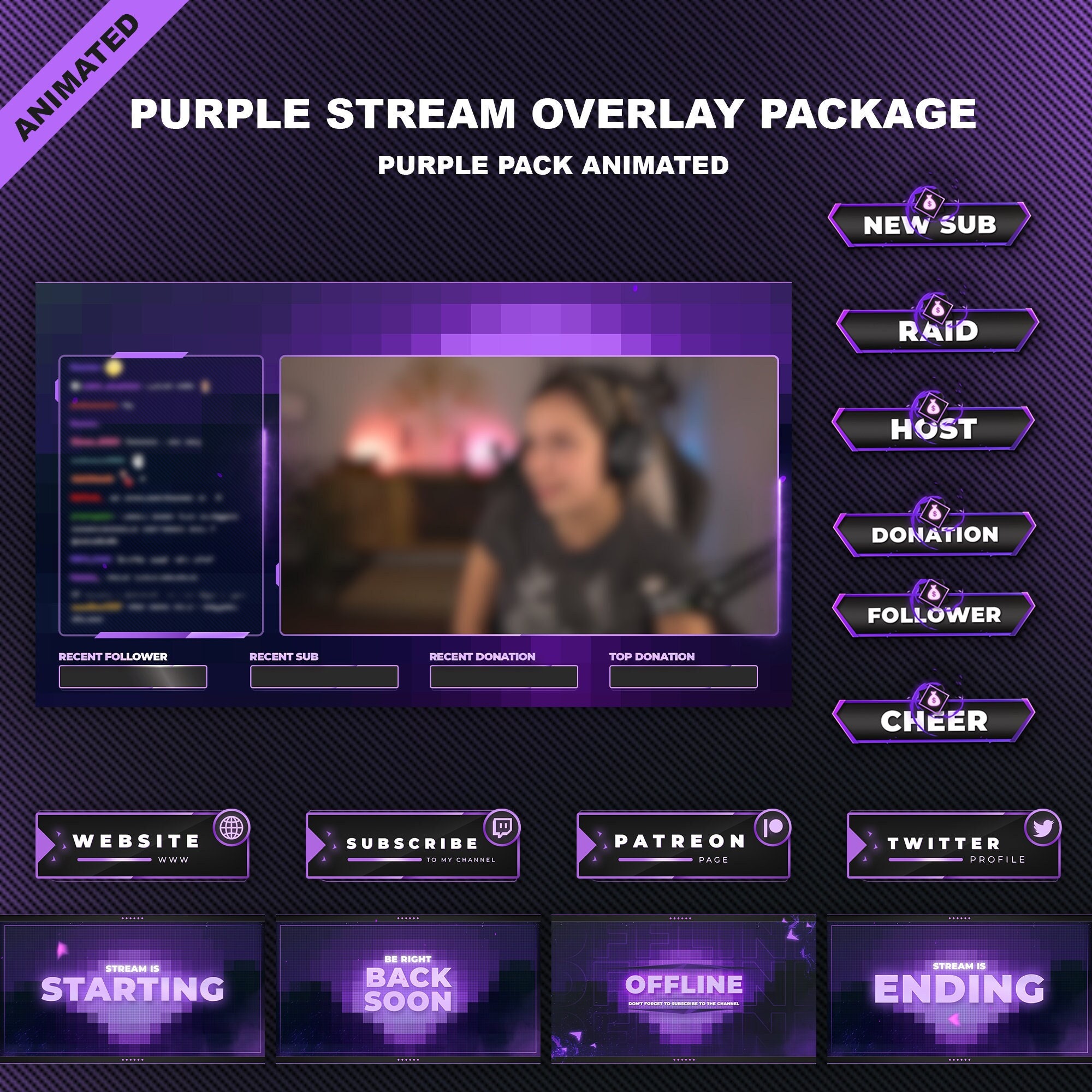Animated PURPLE STREAM OVERLAY Package Minimal Purple Twitch Etsy