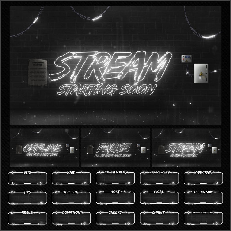 Overlays Stream Animated Black And White Neon style twitch Package image 2
