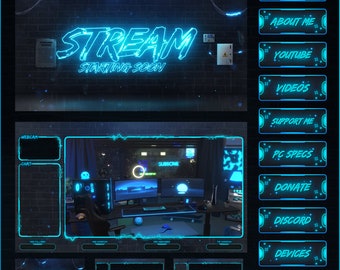 OVERLAYS Stream Animated BLUE NEON style twitch Package