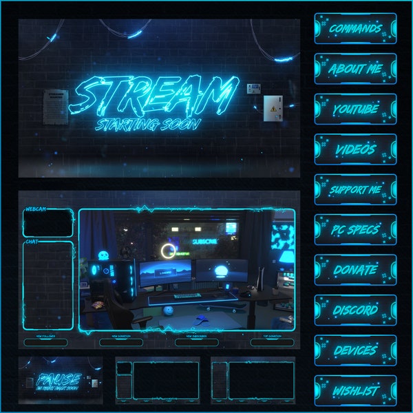 OVERLAYS Stream Animated BLUE NEON style twitch Package