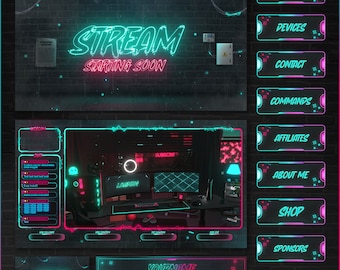 Overlays Stream Animated Neon style twitch Package