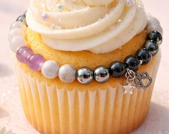 Bracciale con perline di pietre preziose, onice nero, ematite, ametista, quarzo rosa, pietra di luna, bracciale elastico con ciondolo a stella e zampa