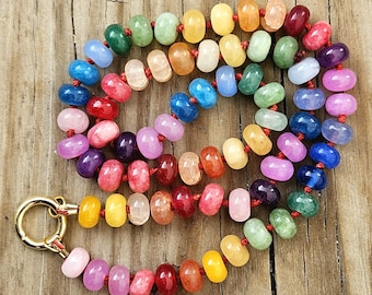 Regenboog ombre edelsteen snoepketting, handgeknoopt op zijde, 18k gold filled