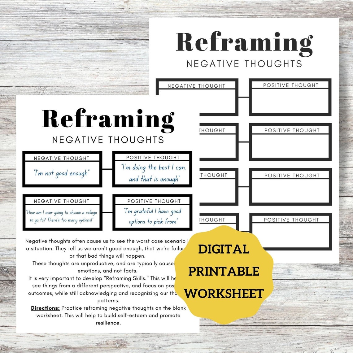 Reframing Negative Thoughts Practice Worksheet/ Resilience Building ...