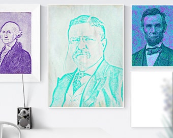 Theodore Roosevelt | American Art | Founding Fathers | Printable Wall Art | Digital Download | Pop Art | Teal