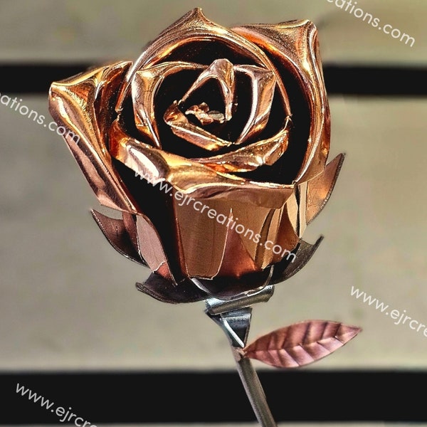 Rose en cuivre avec base en acier inoxydable - Cadeau du 7e anniversaire
