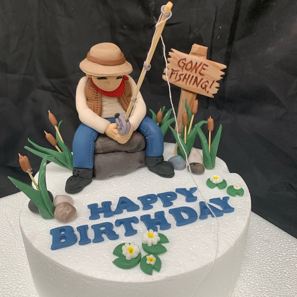 Fishing fondant cake topper, fisherman cake topper, Edible fishing topper