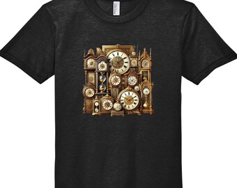 Vintage Clocks Print T-Shirt: Black Tri-Blend Tee with Personalization