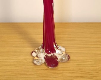 Retro 1970's vintage tall thin twisted red art glass bud vase, red glass elephant foot vase