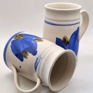 Hand Thrown Pottery Mugs: Blue Abstract Flower Design (Set of 2)