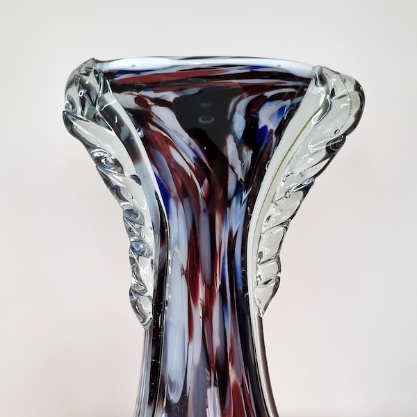 Stunning Romanian glass vase, splatter vase, multi-coloured white blue red vase