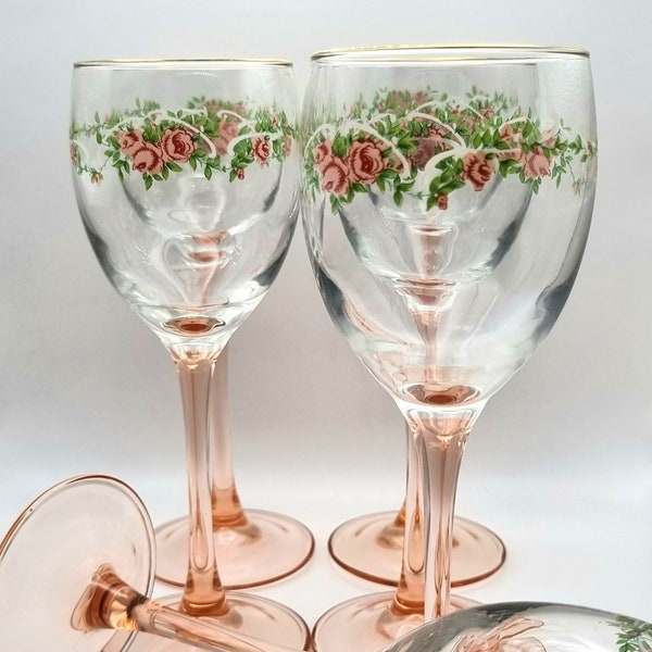 Pink peach stemmed floral drink wine glass, set of 6, pink peach tall stemmed alcohol glass pink floral design, 80's barware