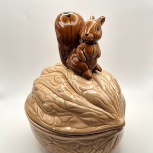 May include: A ceramic nutcracker shaped like a walnut, with a brown squirrel figurine on top. The walnut is tan with detailed ridges, and the squirrel is a glossy brown colour.
