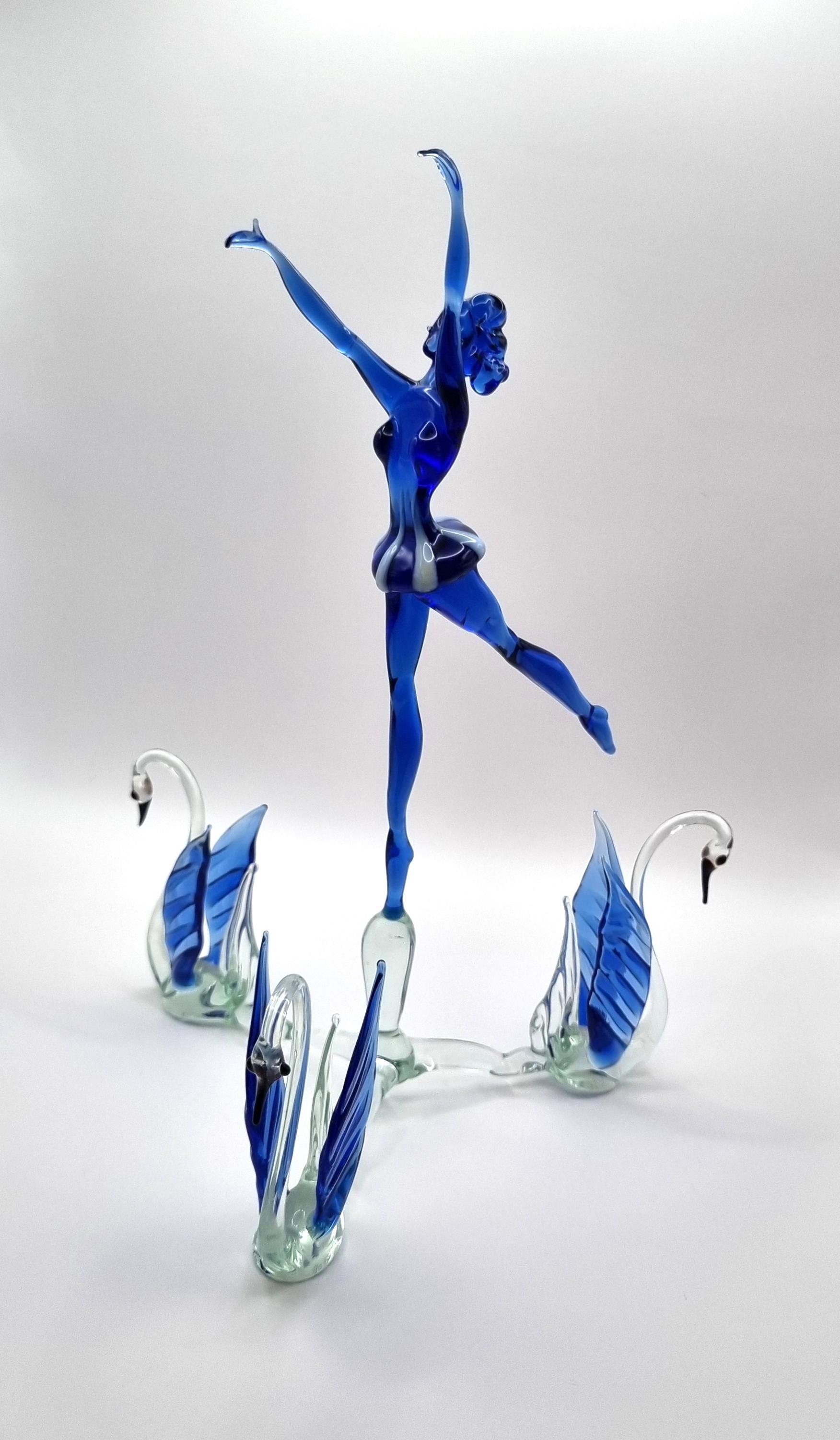 Murano Glass Ballerina With Swans: Hand Blown Swan Lake Figurine 