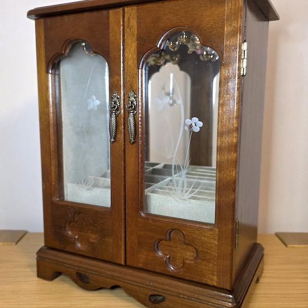 Vintage Mahogany Wardrobe Jewelry Box: MELE Felt-Lined Necklace Ring Storage Cabinet