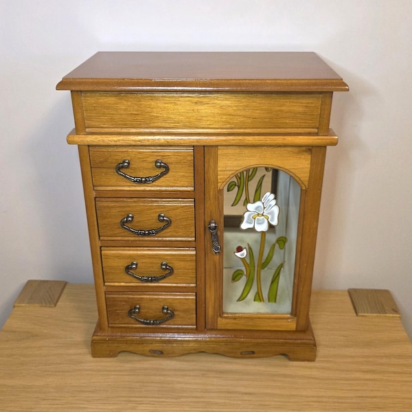 Vintage MELE Jewellery Box: 1980s Wooden Wardrobe Cabinet with Floral Glass