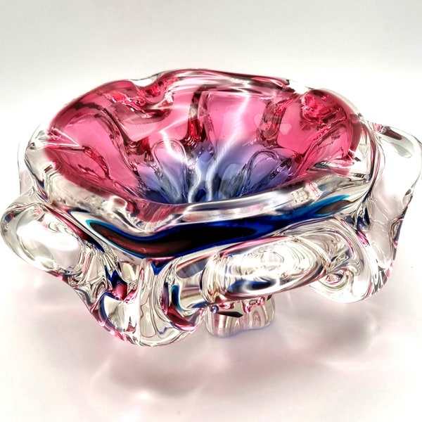 Art glass Chribska bowl by Josef Hospodka, pink cranberry blue Czech Bohemia mid-century modern bowl, ashtray, trinket dish