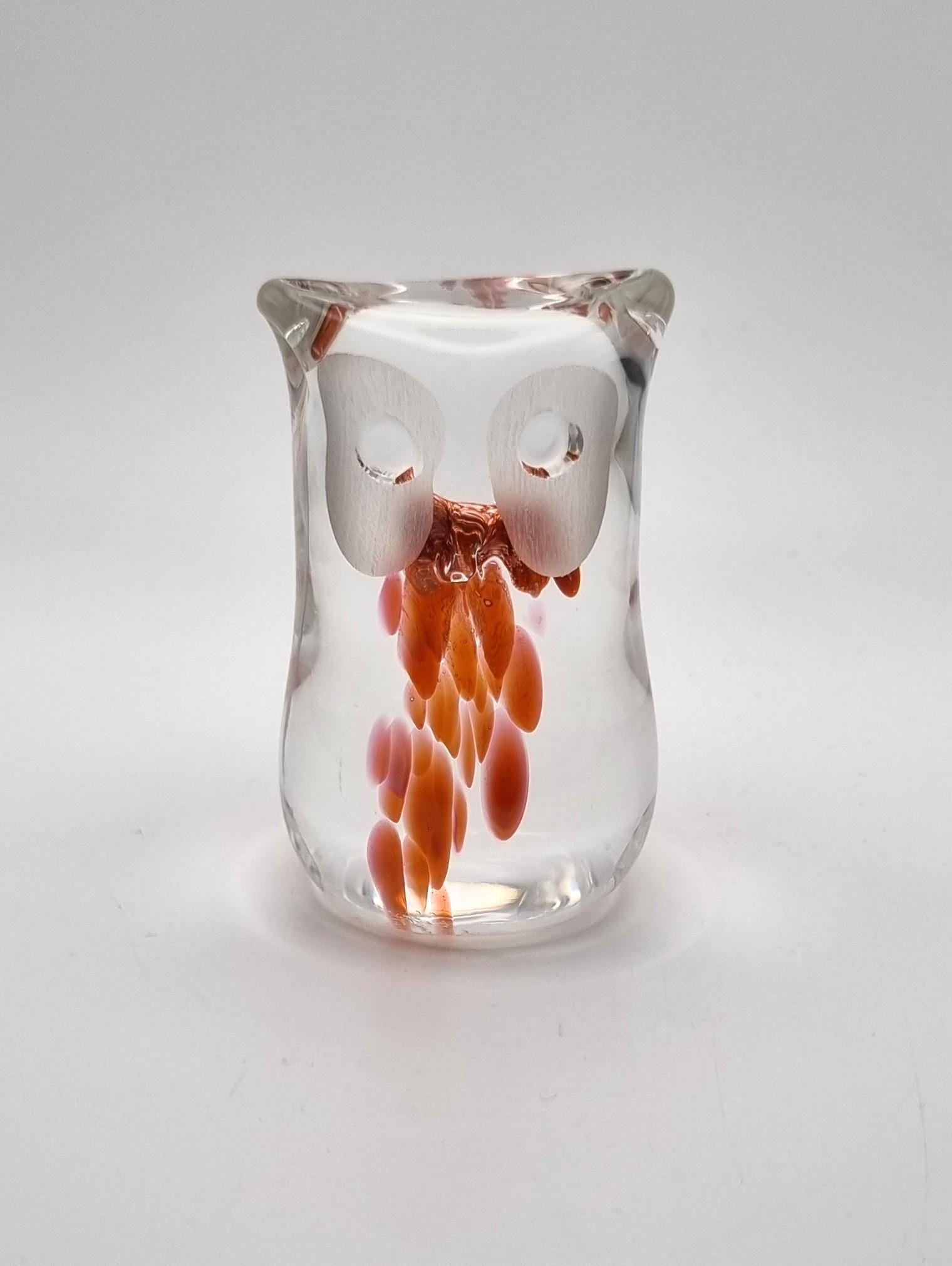 Vintage Glass Owl Ornament: Orangey-Red Swirl Sculpture