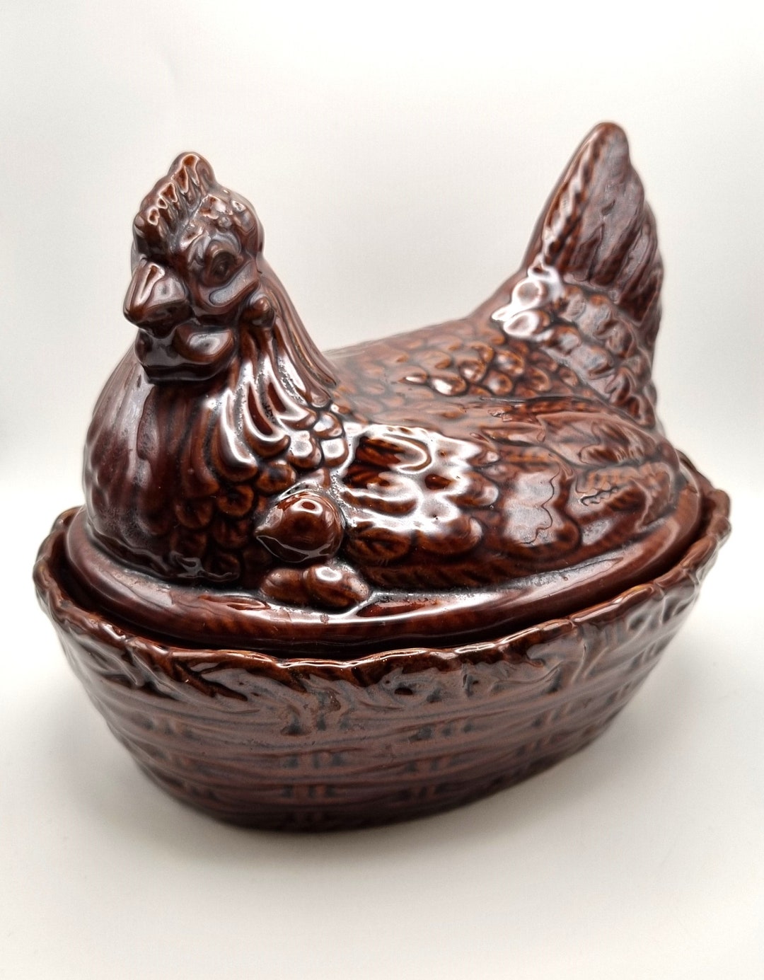 Small Brown Pottery Chicken Egg Holder, Hen Egg Crock, Vintage Brown