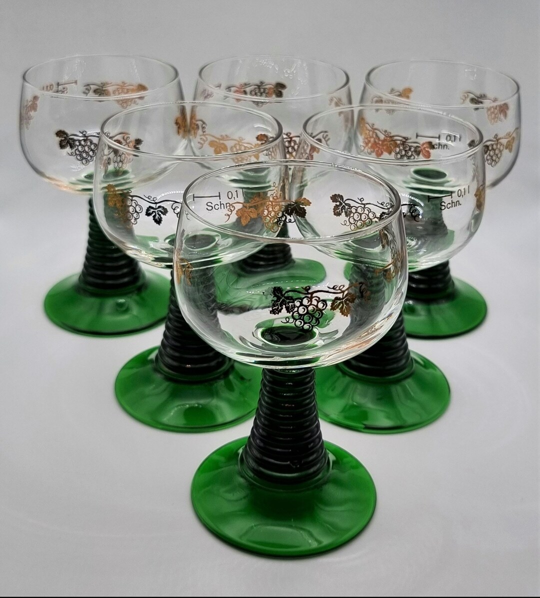 Vintage Mosel Small Hock Wine Glasses, Set of 6, Green Glass Liqueur