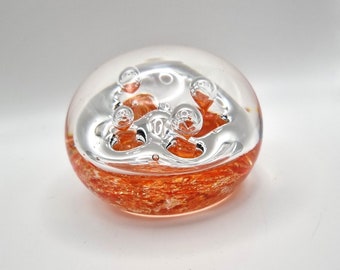 Stunning orange bubble handmade glass circular paperweight, art glass paperweight