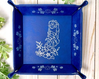Skeleton Hand D20 Flowers D&D Dice Tray | Multiple Colors Vegan Leather | Gift | Fold Flat Snaps Portable | Dungeons and Dragons RPG TTRPG
