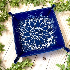 Flower D20 DnD Dice Tray | Multiple Colors Vegan Leather | Gift | Fold Flat Snaps Portable | Dungeons and Dragons D&D RPG TTRPG