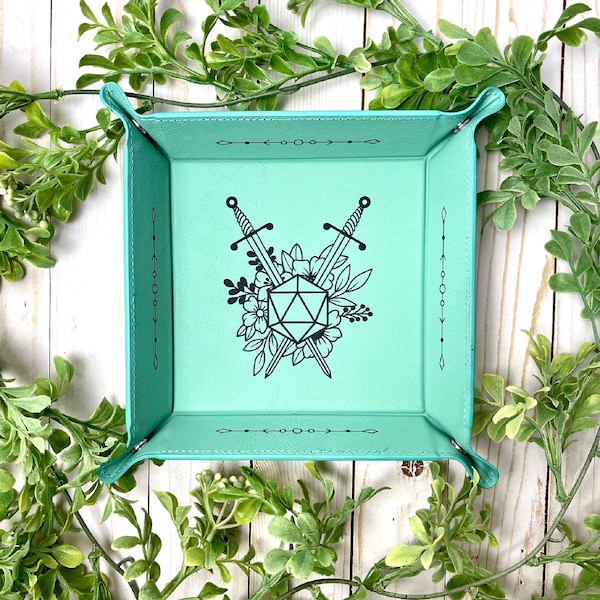 Bandeja para dados de D&D con diseño floral de espadas cruzadas / Varios colores / Piel vegana / Regalo / Plegable / Portátil / Dungeons and Dragons D&D RPG TTRPG