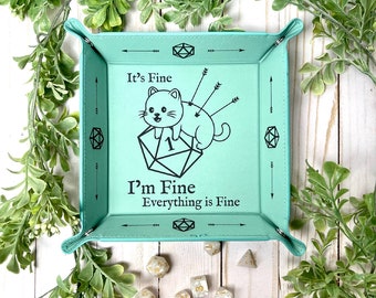 Everything is Fine Cat DnD Dice Tray | Multiple Color Vegan Leather | Gift | Fold Flat Snaps Portable | Dungeons and Dragons D&D RPG TTRPG