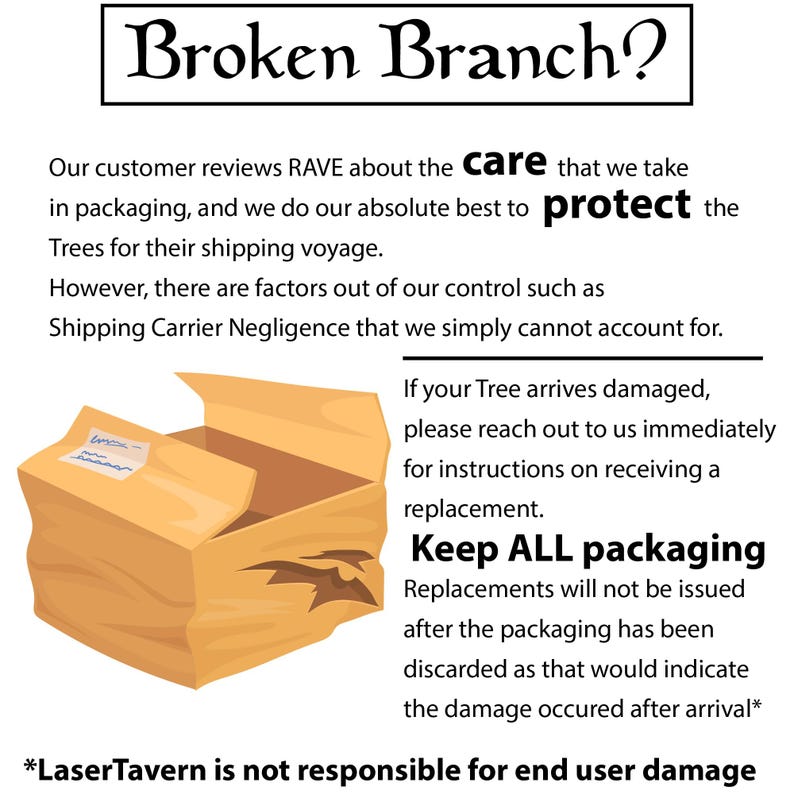 K&ouml;nnte beinhalten: Eine Infografik mit der &Uuml;berschrift Broken Branch? und einer Illustration eines braunen Pappkartons. Der Text erl&auml;utert Richtlinien zu besch&auml;digten Artikeln, Versandsch&auml;den, Ersatzanweisungen und die Notwendigkeit, die Verpackung aufzubewahren.