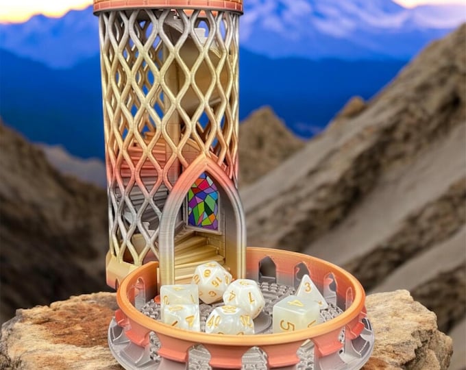 Spiral Stairs Castle Dice Tower with Tray | Stained Glass Window Feature | Detachable Tray | Dungeons and Dragons Gift | D&D RPG TTRPG