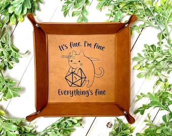 Everything is Fine SWORD Cat DnD Dice Tray | Multiple Color Vegan Leather | Gift | Fold Flat Snaps Portable | Dungeons and Dragons D&D RPG