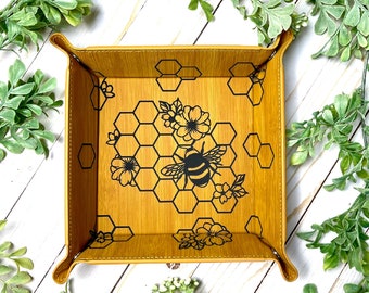 Honey Bee Flowers D&D Dice Tray | Multiple Colors Vegan Leather | Gift | Fold Flat Snaps Portable | Dungeons and Dragons RPG