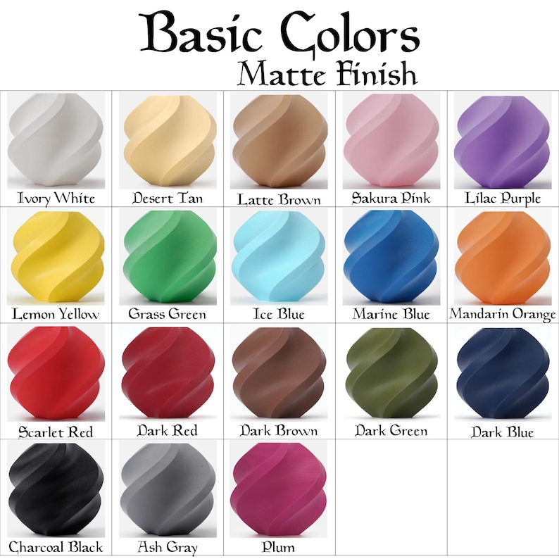 K&ouml;nnte beinhalten: Eine Farbkarte mit dem Titel Basic Colors Matte Finish, die neunzehn gedrehte, kugelf&ouml;rmige Objekte in verschiedenen Farbt&ouml;nen zeigt, darunter Elfenbeinwei&szlig;, W&uuml;stenbraun, Latte-Braun, Sakurapink, Fliederlila, Zitronengelb, Grasgr&uuml;n, Eisblau, Marineblau, Mandarinenorange, Scharlachrot, Dunkelrot, Dunkelbraun, Dunkelgr&uuml;n, Dunkelblau, Anthrazitschwarz, Aschgrau und Pflaume.