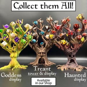 K&ouml;nnte beinhalten: Drei baumf&ouml;rmige W&uuml;rfelst&auml;nder mit der Beschriftung Goddess display, Treant tower & display und Haunted display. Der Text lautet Collect them All! und Available in our Shop. Die St&auml;nder sind gr&uuml;n, braun und dunkelbraun und halten bunte W&uuml;rfel.
