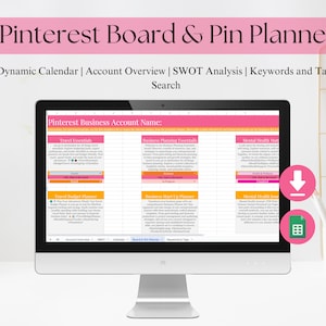 Może przedstawiać: Ekran komputera wyświetla arkusz kalkulacyjny Pinterest Board & Pin Planner z sekcjami dla Travel Essentials, Business Planning i Mental Health. Różowy tekst głosi "Pinterest Board & Pin Planner" i "Dynamic Calendar".