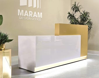 Jade Plus Reception desk ( Gloss White + Gold) Gold Metal laminate has an additional cost.