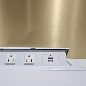 May include: White pop-up power outlet with two standard electrical outlets and a USB port.