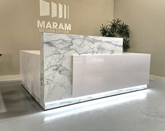 L Shaped Jade Plus Reception desk (Calacatta and Gloss White) 44 Return