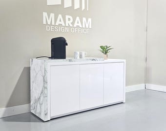 Jade Plus Storage Credenza (White + Marble laminate)