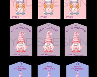 Cute Pink and Purple Gnome Valentine's Day printable tags