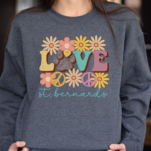 Love St. Bernard&#39;s Retro Sweatshirt, Dog Lover Shirt,  Saint Bernard Owner Gift, Dog Mom, Retro Love Shirt, Valentine&#39;s Day Dog Sweatshirt