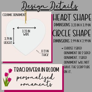 May include: A white ceramic heart-shaped ornament with gold string, 8.2 cm wide and 8.1 cm high. The text reads "Design Details" and "Traci Rivera in Bloom personalized ornaments". The ornament is 0.3 cm thick.