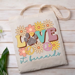 Retro Love St. Bernard Tote Bag, Saint Bernard Owner Gift, 70s Style Peace, Dog Mom Gift, Minimalist Canvas Bag, Dog Tote Printed on 2-Sides