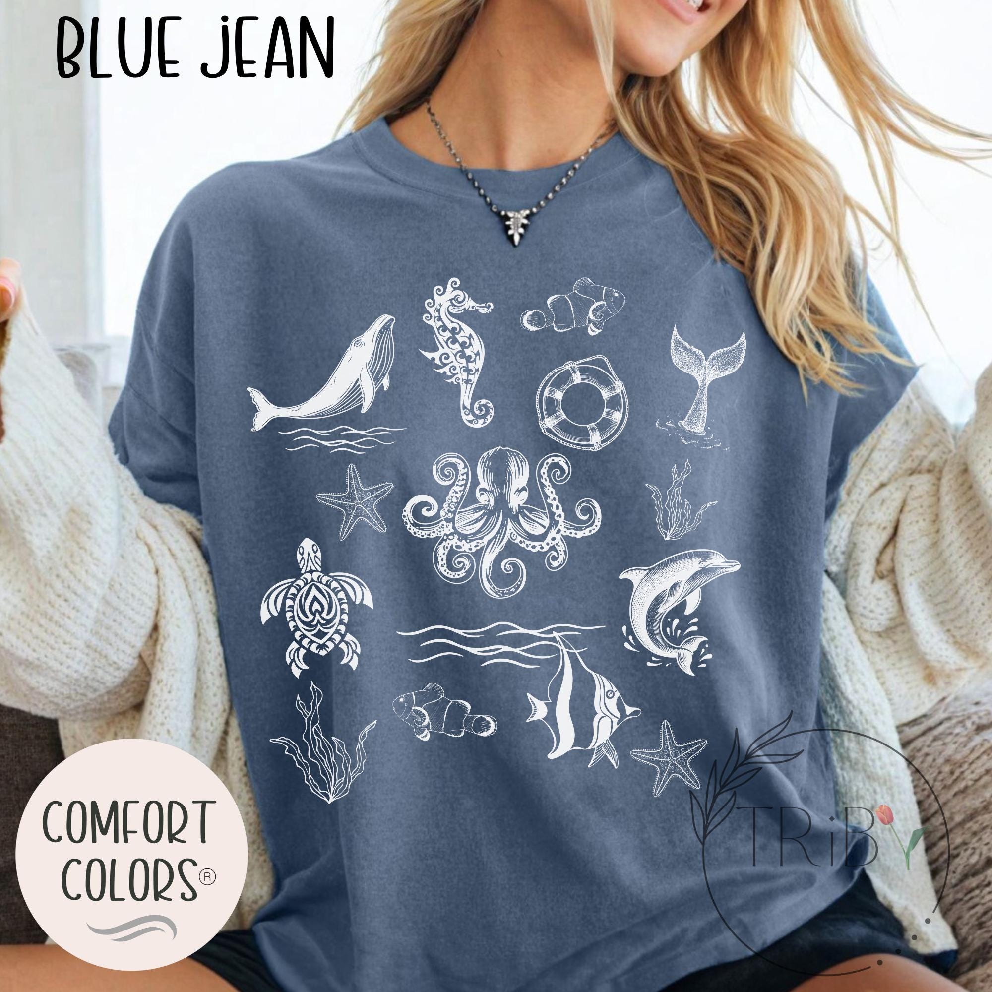 Ocean Animals Doodle TShirt, Comfort Colors Shirt, Cute Beach Summer Tee, Oversized Shirt, Sea Life Lover Gift, Summer Tee, Ocean Lover