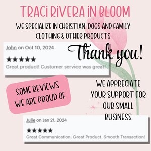 May include: A pink graphic with the text "Traci Rivera in Bloom" and "Thank you!" is displayed. The image includes customer reviews and states the business specialises in Christian, dogs, and family clothing and other products.