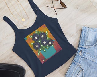 Women’s micro-rib tank top featuring Original Acrylic Floral Painting Print “Purple Passion” by artcreationsbybonnie